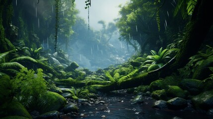 Realistic rain forest depicted in an artistic way with a tiny cascade