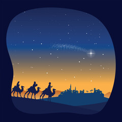 Poster - Christmas Nativity Scene - Three Wise Men go to Bethlehem in the desert at night