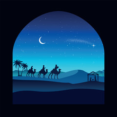 Sticker - Christmas Nativity Scene - Three Wise Mens go to the stable in the desert