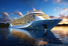 A Luxurious Ocean Cruise Liner With Upscale Amenities And Ocean Views.