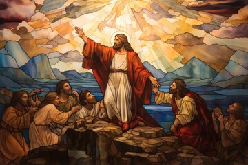 Wall Mural - Stained glass artwork of Jesus Christ performing miracles