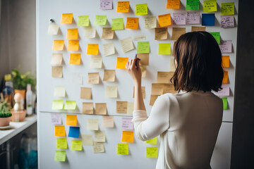 Young woman writing a grocery list on sticky notes to avoid impulse purchases