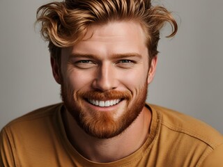 Wall Mural - A closeup photo portrait of a handsome Irish ginger adult man smiling with clean teeth. used for a dental ad. guy with trendy stylish hair and beard. isolated on white background.
