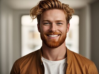 Wall Mural - A closeup photo portrait of a handsome Irish ginger adult man smiling with clean teeth. used for a dental ad. guy with trendy stylish hair and beard. 