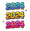 2024 New Year comic book style postcard or greeting card element.