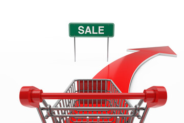 Poster - Buying Concept. Sale Road Sign and Shopping Cart Trolley Over Go Forward Arrow Sign. 3d Rendering