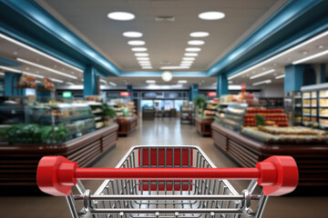 Wall Mural - Buying Concept. Empty Shopping Cart Trolley in Supermarket. 3d Rendering