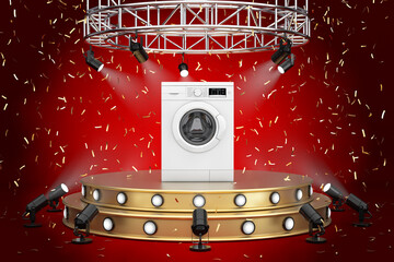 Aufkleber - White Modern Washing Machine on a Golden Product Presentation Podium Stage with Spotlights. 3d Rendering