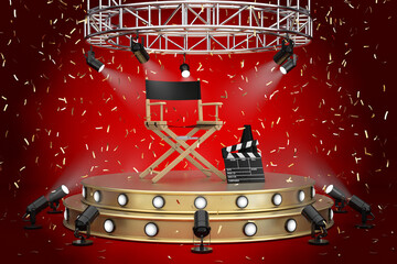 Fototapete - Director Chair, Movie Clapper and Megaphone on a Golden Product Presentation Podium Stage with Spotlights. 3d Rendering