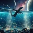 宇宙空間に浮かぶ水槽を泳ぐドラゴン