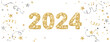  2024 golden glitter numbers. Happy new year banner. Background with gold and silver confetti. Flying ribbons and stars. Vector decoration. For Christmas and holiday headers, party flyers.
