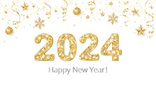 Happy New Year Banner. 2024 Gold Glitter Numbers. Confetti, Snowflakes And Stars Decoration. Golden Celebration Background. For Christmas Holiday Headers, Party Flyers. Vector Illustration.