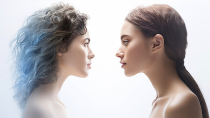 Portrait of two beautiful young women with curly hair. Studio shot.