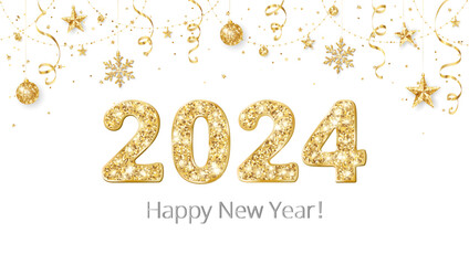 Happy New Year banner. 2024 gold glitter numbers. Confetti, snowflakes and stars decoration. Golden celebration background. For Christmas holiday headers, party flyers. Vector illustration.