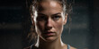 Athlete's high-key portrait, focused and determined expression, sweat beads detailed