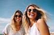 © dark_blade - female friends posing with smile on sky background. AI Generated