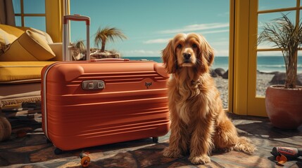 Wall Mural - dog on the beach with luggage