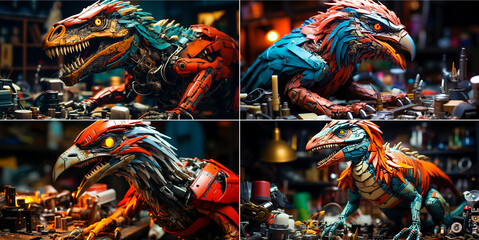 Unique concept of a Velociraptor working in a factory setting Toy parts are being assembled by the Velociraptor Creative and playful twist on traditional assembly line work Perfect for dinosaur