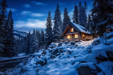 Sticker - Winter night in the mountains. Wooden house on the background of the starry sky.