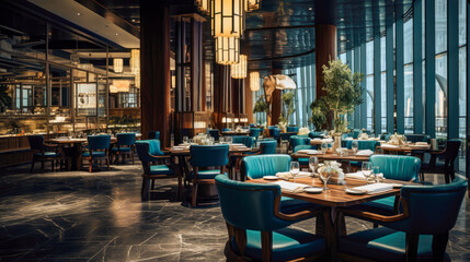 Interior of a restaurant with blue chairs and tables. Toned.