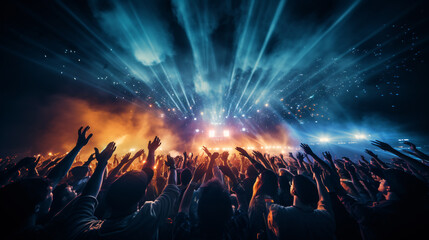 The vivacious congregation at a show, limbs extending to the sky amidst effulgent stage illumination - encapsulating the spirit of onstage shows and common involvement.