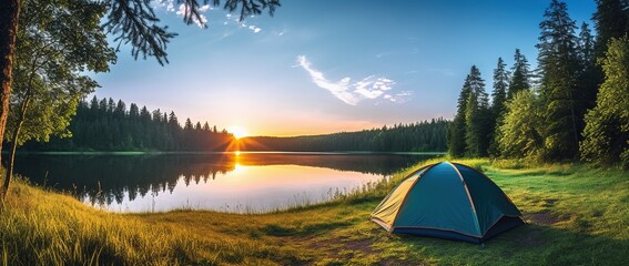 Canvas Print - Camping tent on the shore of a lake at sunset.