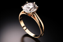 A glimmering solitaire yellow gold engagement ring, isolated on black.