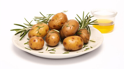 Wall Mural - Softened potato wedges seasoned with olive oil, rosemary, and garlic are scattered atop an aged plate, against a white backdrop.