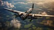 Abandoned military airplane flying in the sky. WWII Concept. Military Concept. WW2 Air Force concept.