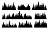 Fototapeta Las - Fir trees silhouettes set. Coniferous spruce horizontal background patterns, black evergreen woods illustration. Beautiful hand drawn panorama with treetops forest. Black pine woods