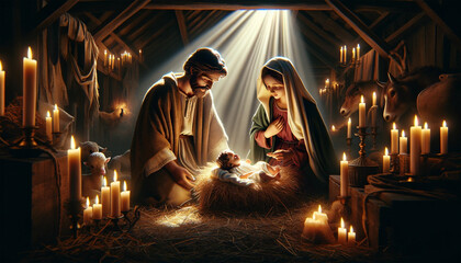 Nativity scene featuring Baby Jesus, Mary, and Joseph, the Holy Family,