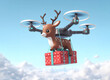 Gracious reindeer shaped drone in the sky carrying a Christmas gift