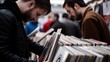 People browsing vinyl records at a record fair discover a collection of music albums.