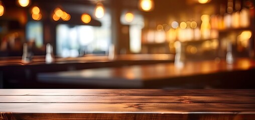 Vintage elegance. Blurred wooden table in dimly lit cafe ideal for creating retro atmosphere and showcasing products or ambiance