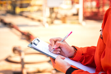 Wall Mural - action of safety officer is writing and check on checklist document during safety audit and inspecti