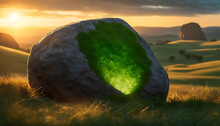 A Large Rock Glows Green In A Grassy Field As The Sun Sets, Its Light Contrasting With Shadows On The Ground
