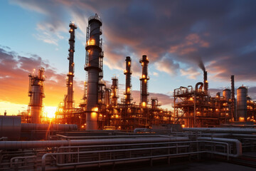 Oil refinery plant from industry zone, Aerial view oil and gas industrial, Refinery factory oil storage tank and pipeline steel at sunset. Smoke from the pipes.