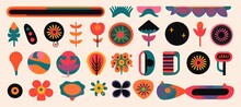 Set Of Abstract Retro Geometric Shapes . Collection Of Contemporary Figure, Snake, Bird, Bolt, Flower In 70s Groovy Style. Cute Hippie Design Element Perfect For Banner, Print, Stickers, Generative AI