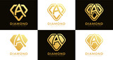 Fototapeta  - Set of diamond logos with initial letter A. These logos combine letters and rounded diamond shapes using gold gradation colors. Suitable for diamond shops, e-commerce