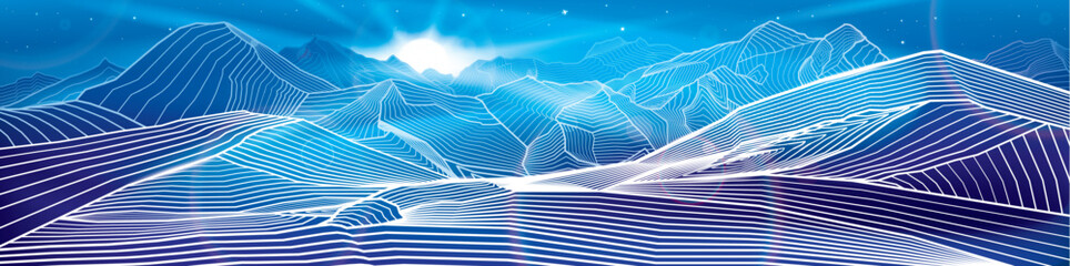 Wall Mural - Mountains night landscape panoramic. Outline illustration on blue background. Neon glow illumination. Amazing moonlight. Snow hills. Vector design art