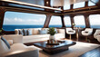 A luxurious yacht cabin features a white leather couch and armchair arranged around a coffee table, providing an elegant space with panoramic ocean views. 