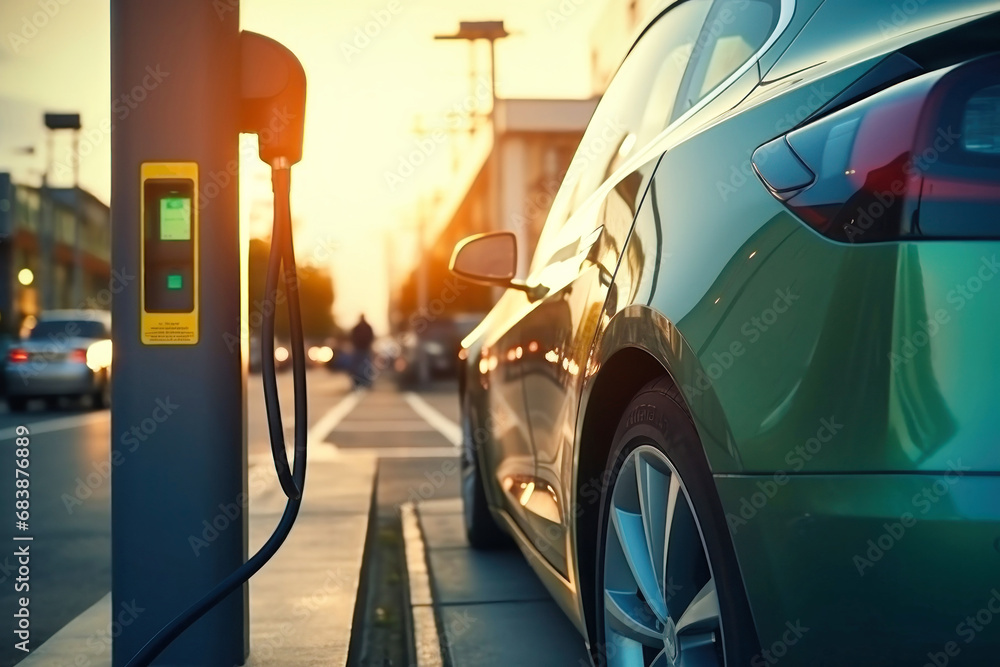 Fast charging stations for electric vehicles in a modern city at night ...
