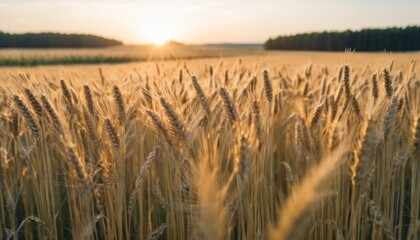 Sticker -  a field of wheat at sunset with the sun shining through the ears of the wheat in the foreground and the trees in the background.