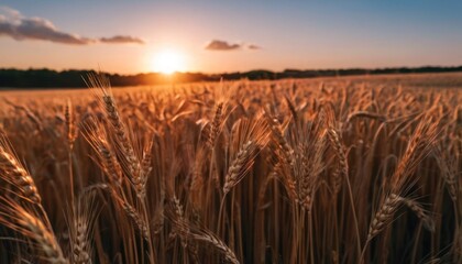 Sticker -  a field of wheat at sunset with the sun shining through the clouds and the sun shining down on the horizon.