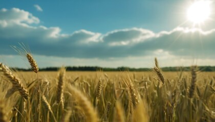 Canvas Print -  a field of wheat under a blue sky with the sun shining through the clouds and the sun shining through the clouds.