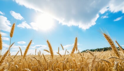 Canvas Print -  a field of ripe wheat under a blue sky with the sun peeking through the clouds in the middle of the day.