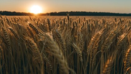 Canvas Print -  a field of wheat at sunset with the sun in the distance and a tree in the distance in the foreground.