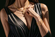 Elegant woman with gold and diamonds jewelry, luxury concept, dark background, rich and wealthy