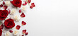 Top view of roses flowers blossoms on white background with copy space. Valentine's day