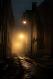 Fototapeta Uliczki - Foggy alley with a street light in the distance. Generative Ai